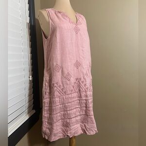 Artisan Ny Blush Pink Linen Embroidered Sleeveless Dress